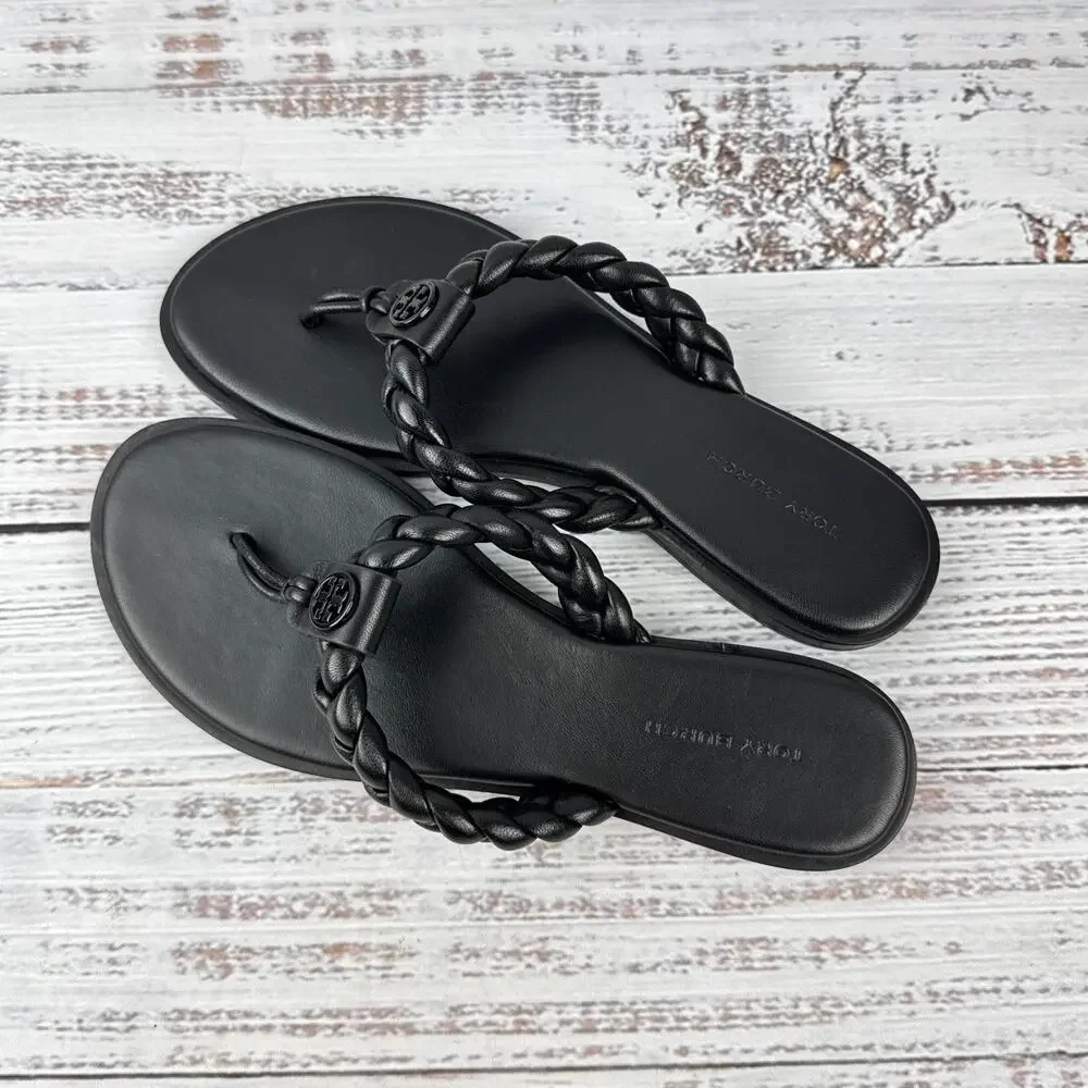 Tory Burch Braided Benton Womens US 6M Thong Sandals Black Leather